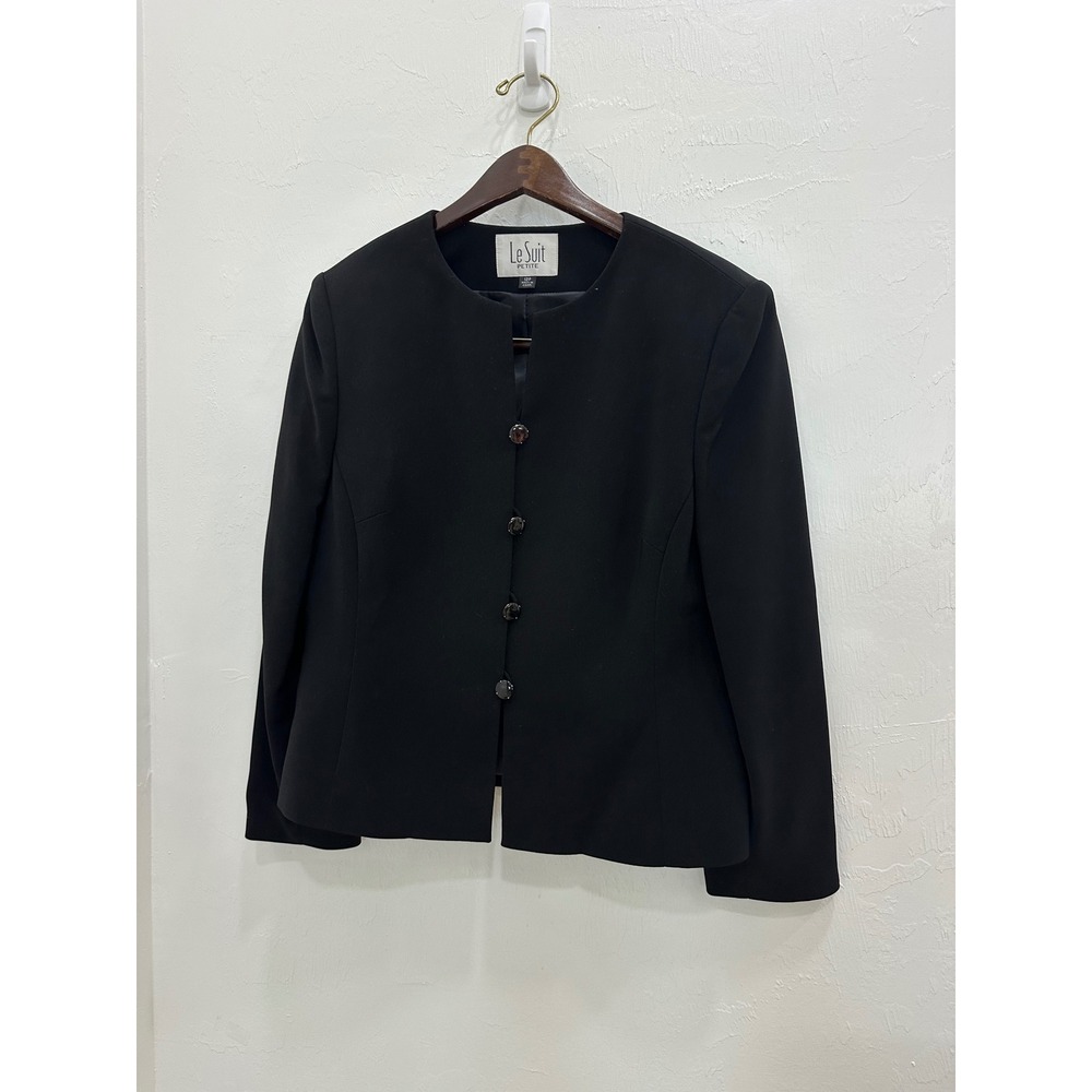 Le Suit Petite Women Black Collarless Button Front Blazer Jacket Size 12P